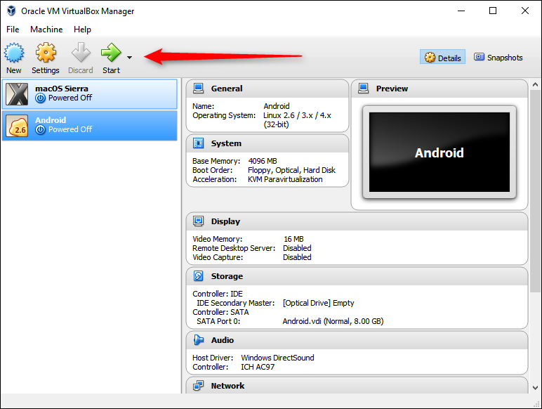 Запуск виртуальной машины в VirtualBox