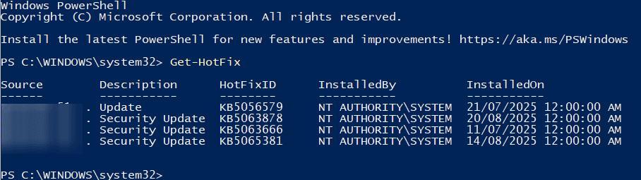 PowerShell에서 Get-HotFix 명령 출력 화면
