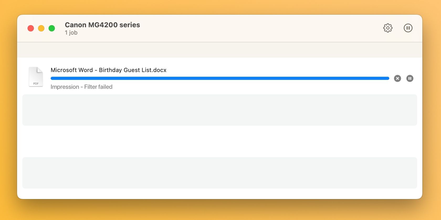 Очередь печати macOS с заданием, показывающим ошибку «Filter Failed»