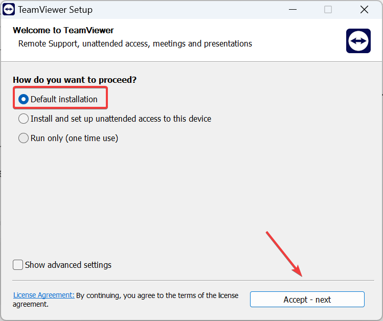 Окно установки TeamViewer с опцией Default installation