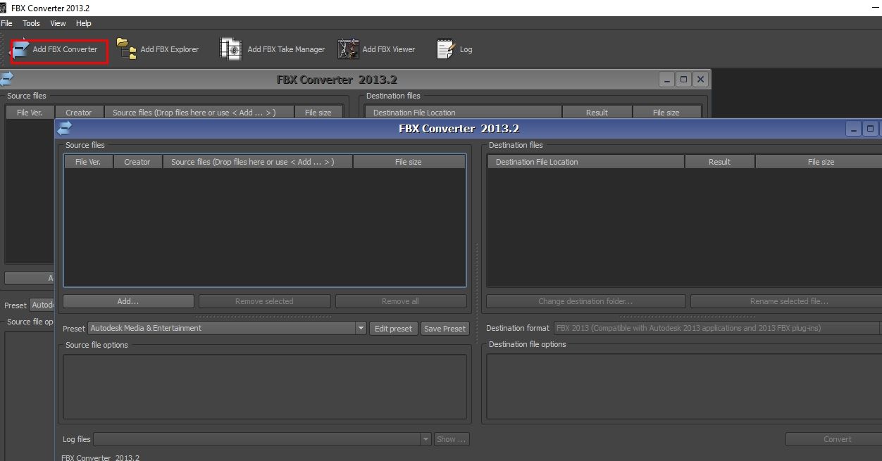 Окно модуля Add Converter с исходными и целевыми файлами