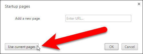 Диалог Startup pages с выбором Use current pages