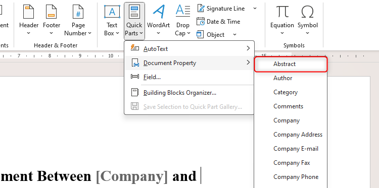 Выпадающее меню Quick Parts в Microsoft Word с выбранной опцией Abstract в списке свойств документа.