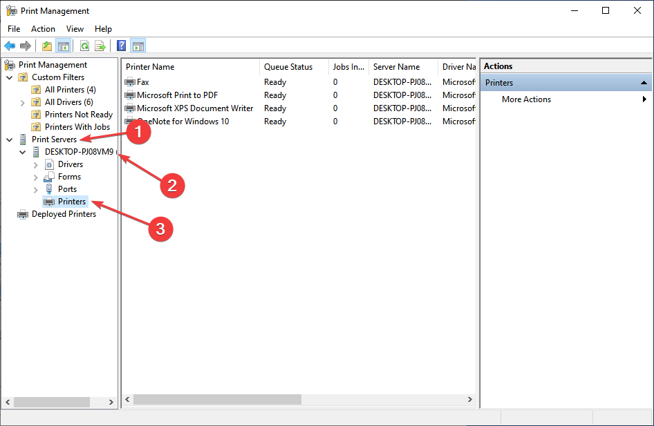 Раздел Printers в Print Servers