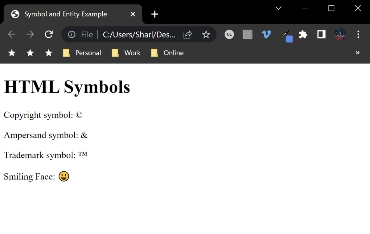 HTML в браузере с отображёнными сущностями