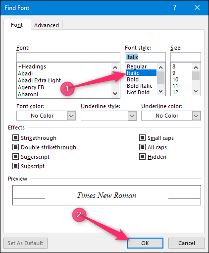 Параметр 'Курсив' в окне шрифта