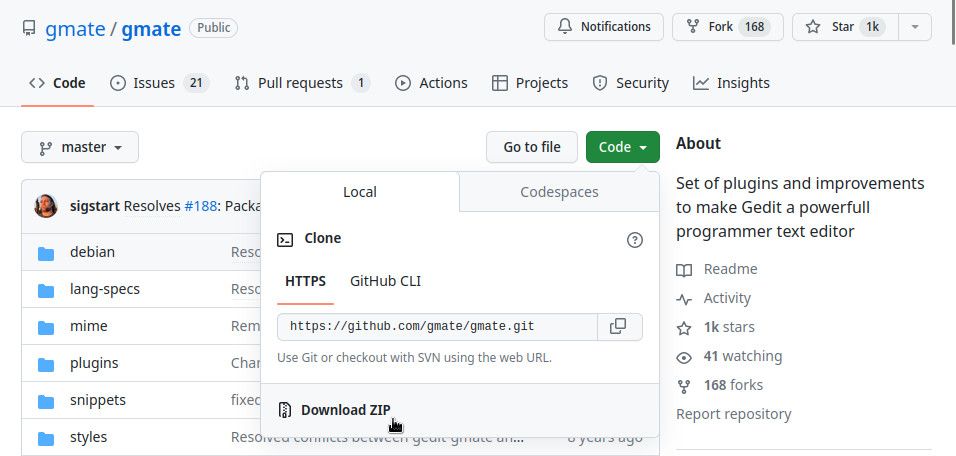 загрузка zip-файла с темами gedit из GitHub