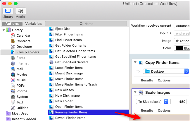 Действие Rename Finder Items в рабочем процессе