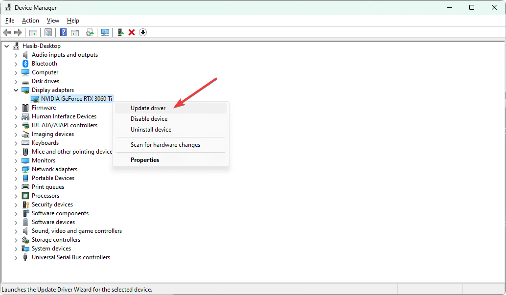Выбор обновления драйвера для видеокарты в Диспетчере устройств