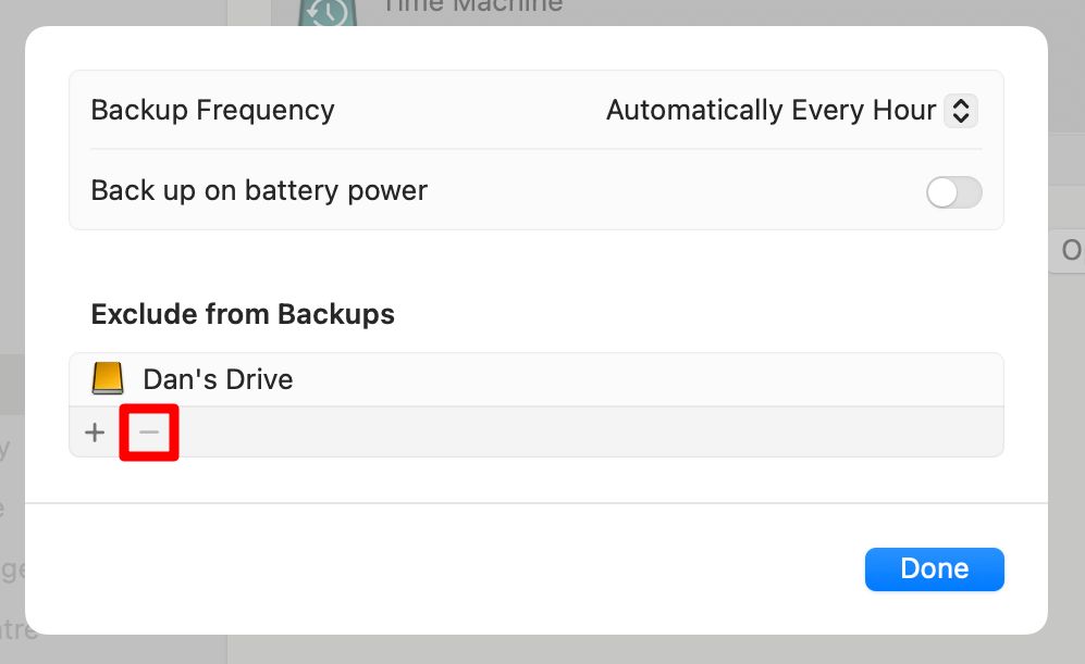 Окно исключений Time Machine.