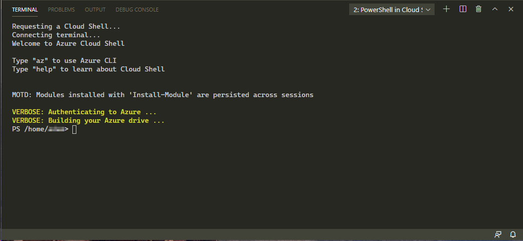 PowerShell в VS Code после аутентификации.