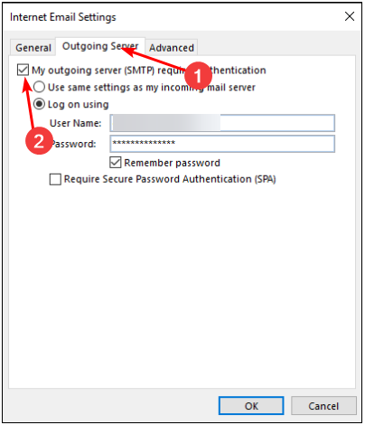Опции аутентификации исходящего сервера в Outlook