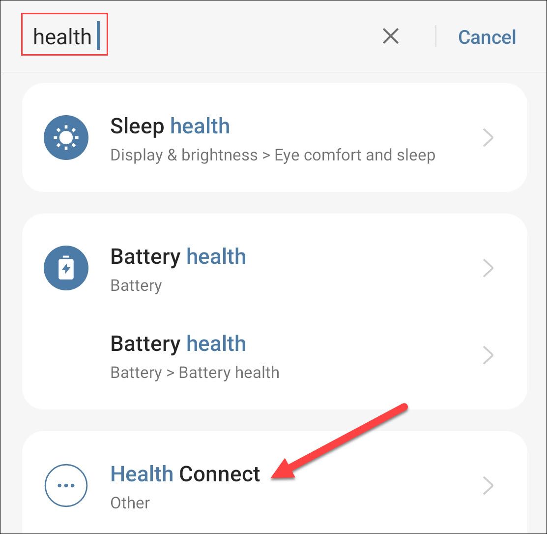 Health Connect в настройках Android