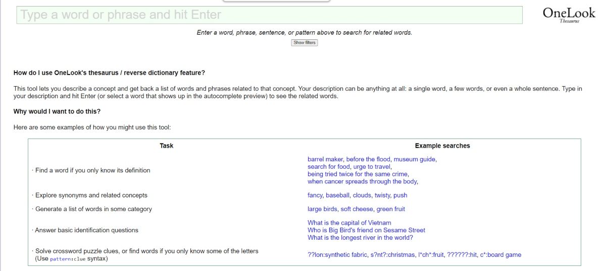 Перейдите на www.onelook.com/reverse-dictionary.shtml чтобы открыть OneLook Reverse Dictionary.