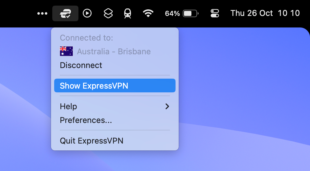 Строка меню macOS с открытым приложением ExpressVPN