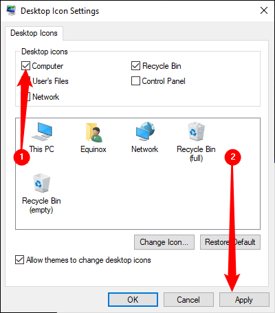 Отметьте поле рядом с «Компьютер» в настройках значков рабочего стола. 