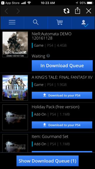 Очередь загрузок в приложении PlayStation