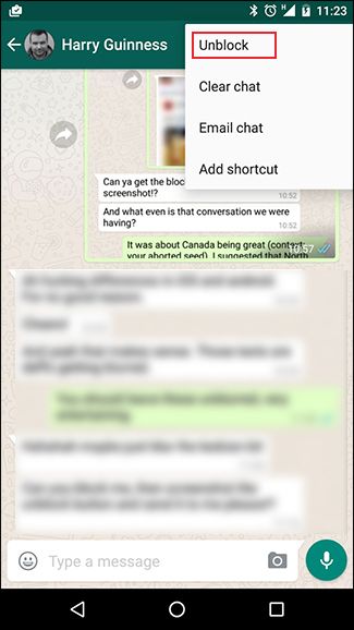 Пункт «Разблокировать» в Android-меню чата