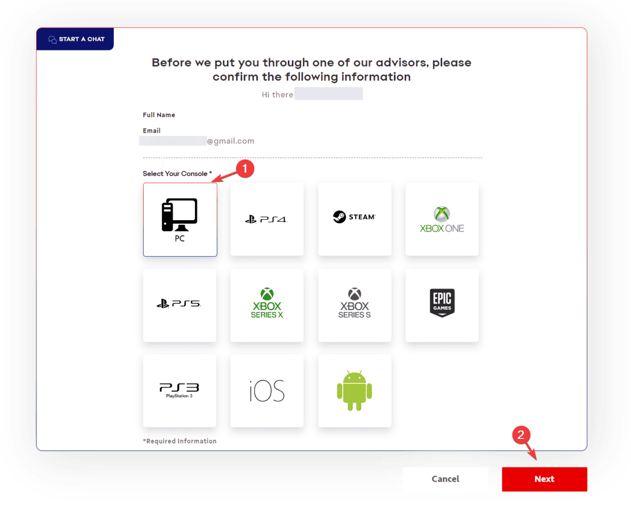 Выбор устройства и начало чата с поддержкой EA