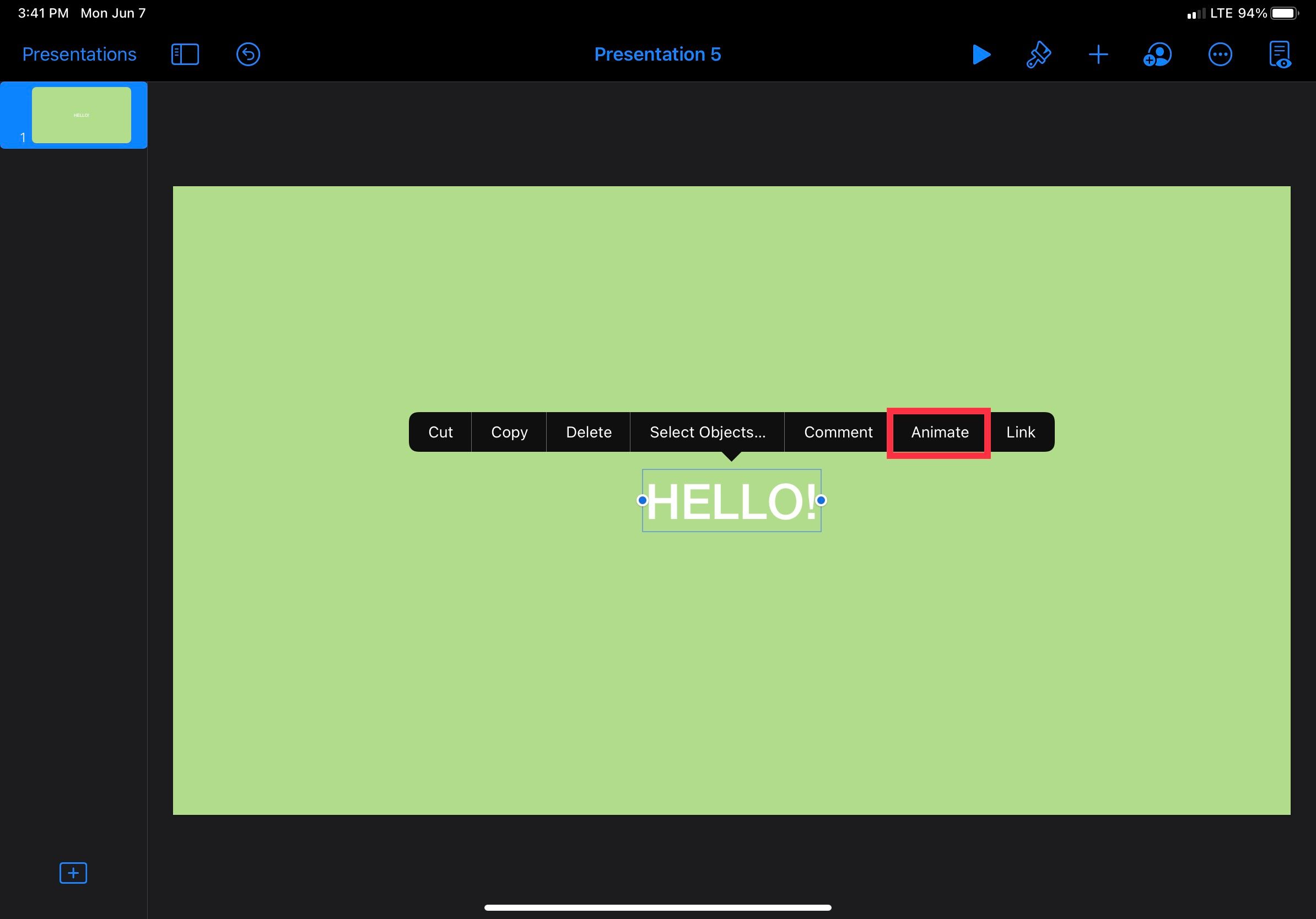 Панель анимации текстового блока в Keynote
