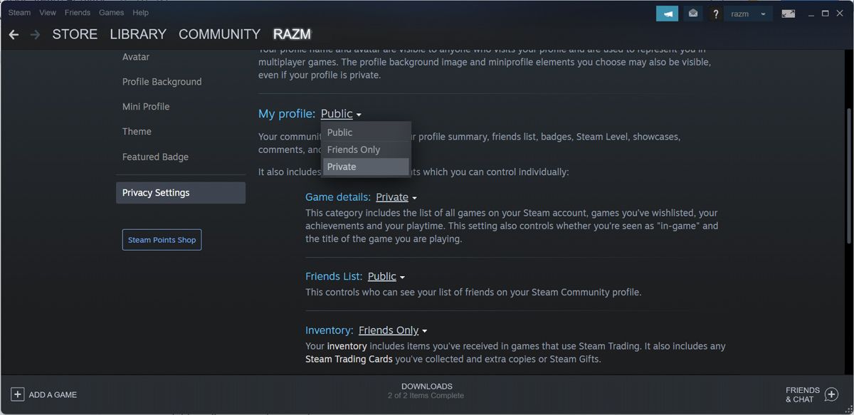 Установить профиль Steam в Приватный режим