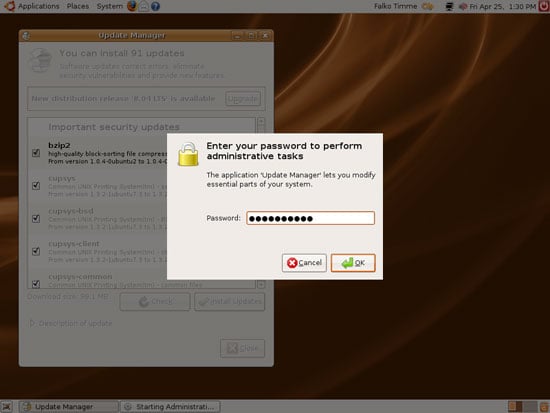 Invite de mot de passe pour autoriser l'installation des mises à jour