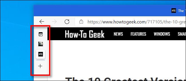 Пример свернутой колонки вертикальных вкладок в Microsoft Edge показывающей только иконки вкладок.