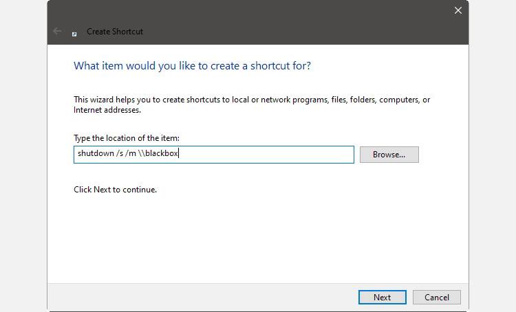 Пример создания ярлыка для удалённого выключения с помощью команды shutdown
