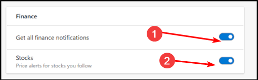 Список уведомлений с опцией отключить уведомления для Finance и Stock