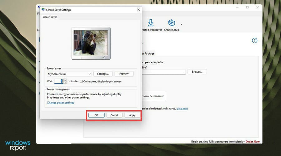 Кнопки Apply и OK для сохранения созданной заставки