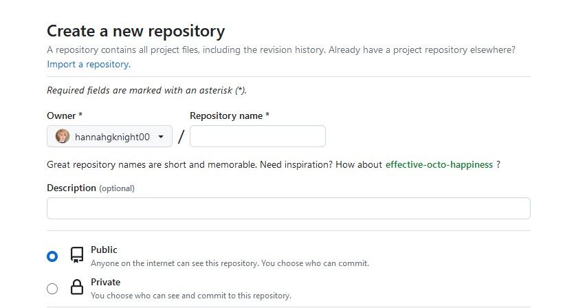 entering the name for a new github repository