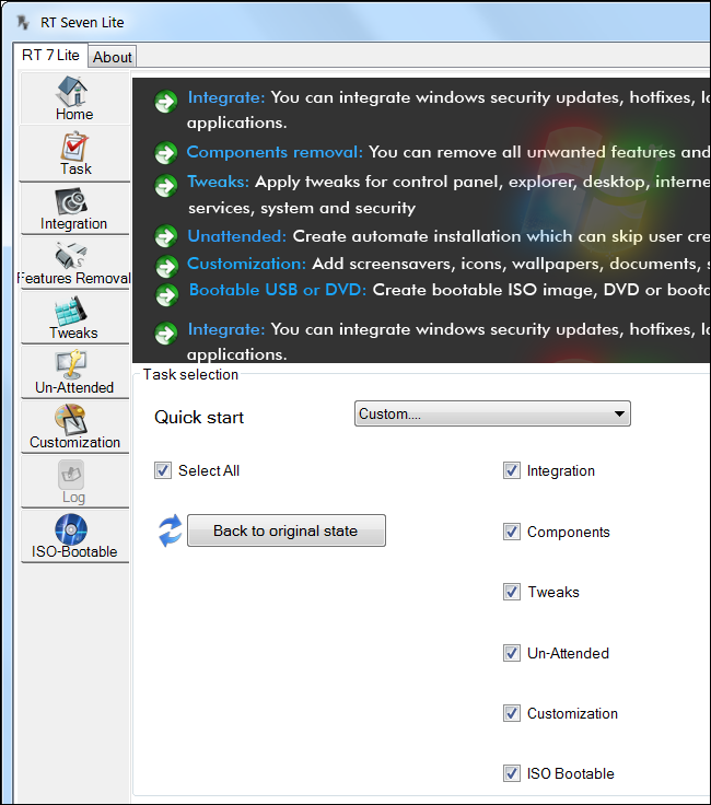 Панель задач и выбор опций RT Se7en Lite