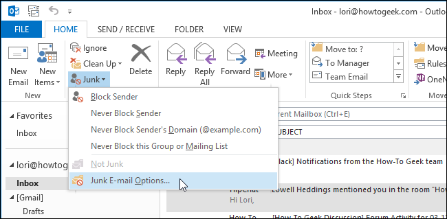 Выбор параметров нежелательной почты