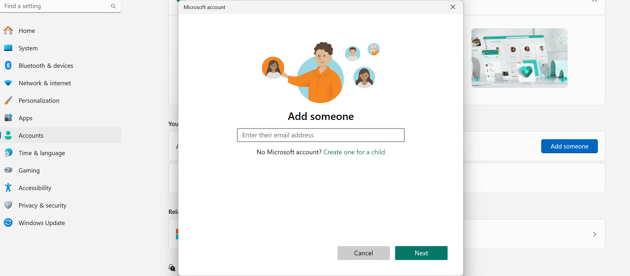 Окно добавления пользователя в Microsoft Family.
