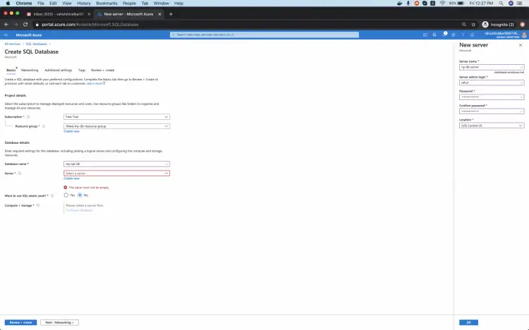 Форма создания базы данных — шаг настроек сервера и группы ресурсов