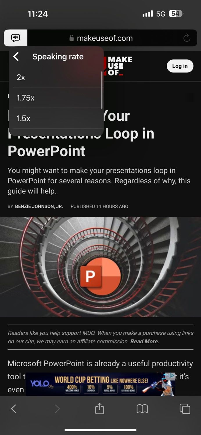 Listen to Page Speaking rate settings