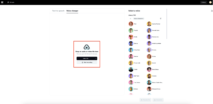 Загрузка файла в CapCut Online