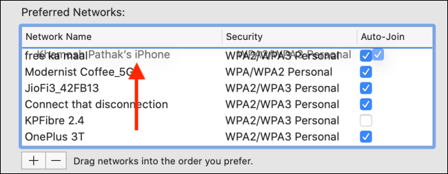 Список предпочитаемых Wi‑Fi сетей в настройках Mac