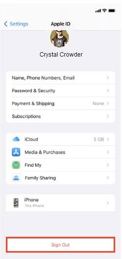 Выход из Apple ID в меню настроек.
