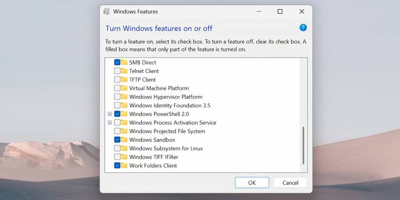 Окно 'Включение или отключение компонентов Windows' с отключенной опцией WSL