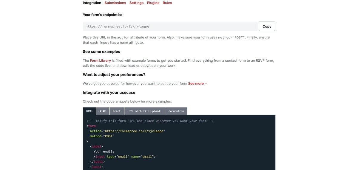 Созданная форма с показанным сгенерированным endpoint