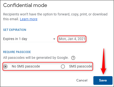 Параметры срока действия и требование SMS‑кода в составе письма