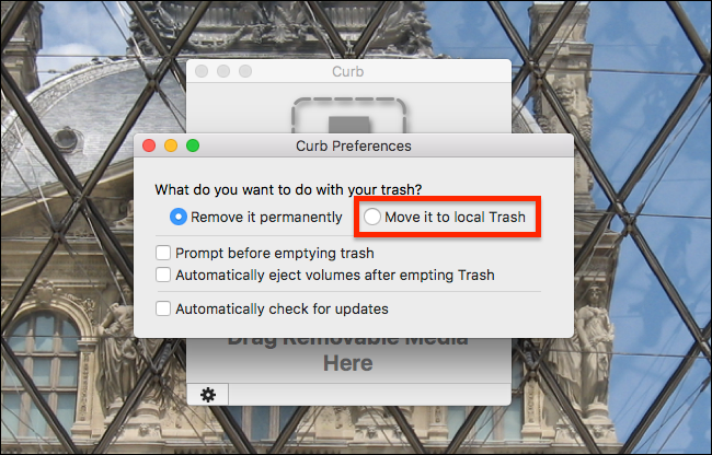 Настройки Curb с опцией перемещения в локальную корзину