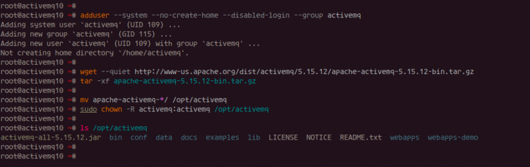 Распакованный архив Apache ActiveMQ в каталоге /opt/activemq