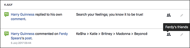 Пример комментария в ленте с указанием, кто видит активность