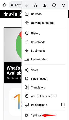 Пункт меню «Настройки» в Chrome на Android.
