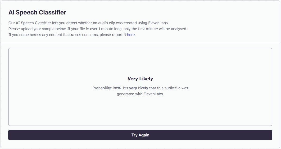 Результат классификатора ElevenLabs: голос с высокой вероятностью синтеза