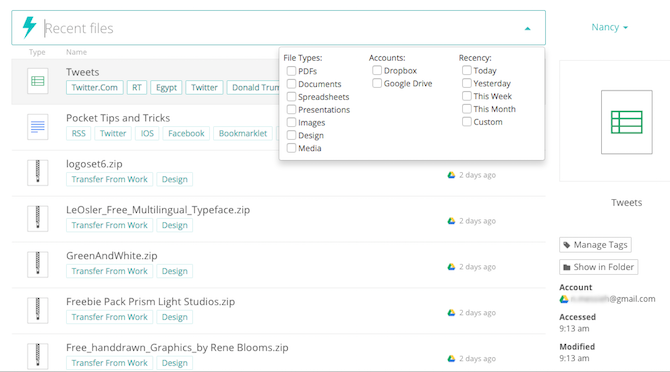Окно поиска и результатов Meta, показывающее открытие файла в исходном сервисе