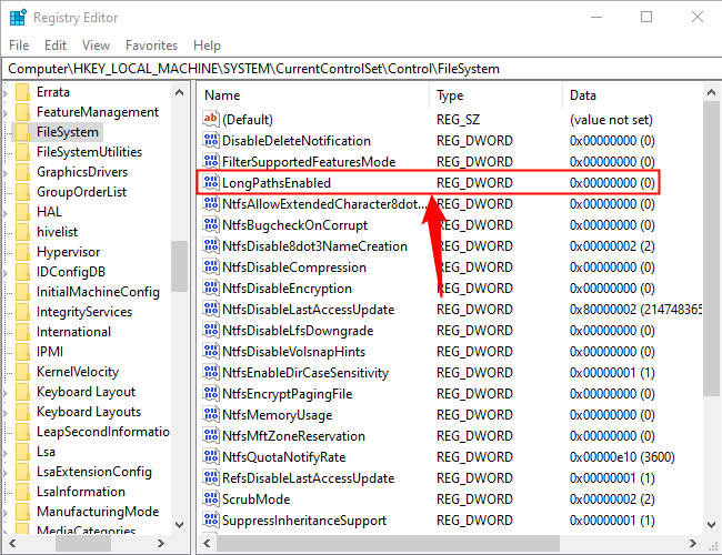 Дважды кликните DWORD LongPathsEnabled.