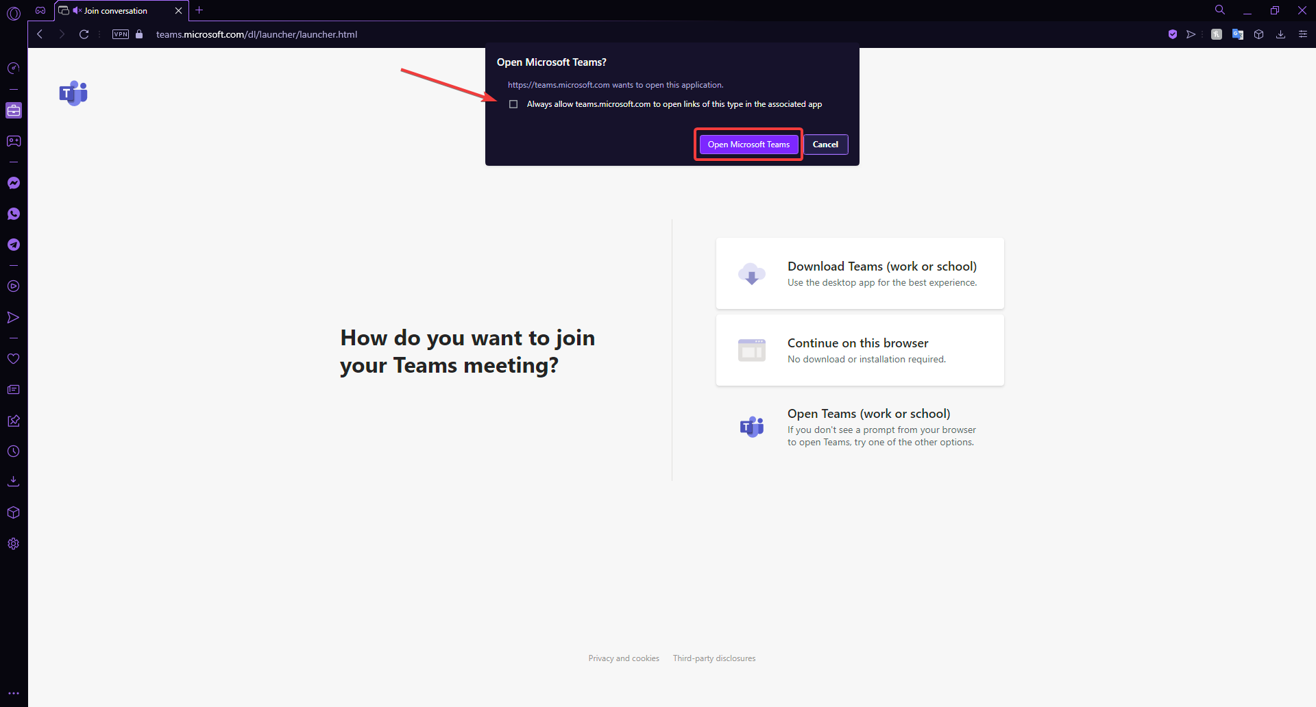 Отметьте всегда разрешать и откройте Microsoft Teams.